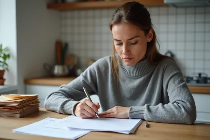 Femme remplissant un formulaire de changement d'adresse administratif à la maison
