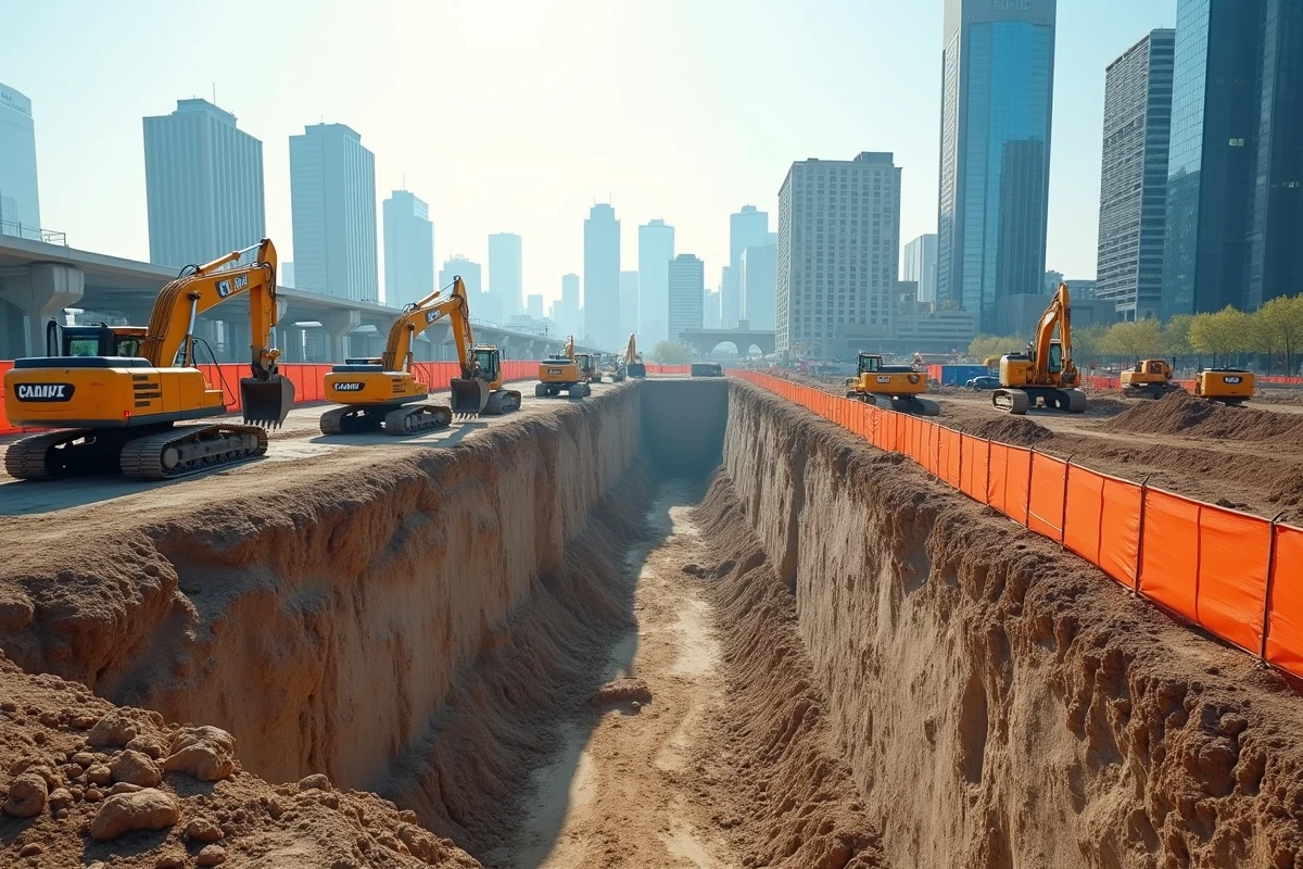 Vue panoramique d'un grand chantier urbain en phase de fondation avec excavatrice et tranchées