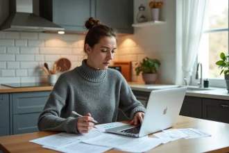 Femme comparant des offres d'assurance habitation sur un ordinateur portable à une table de cuisine moderne