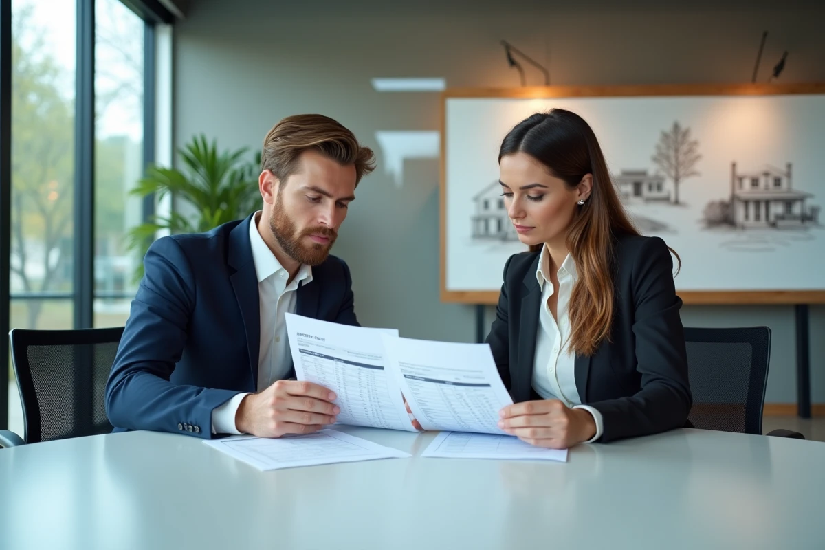 Deux professionnels comparant les structures de frais d'honoraires immobiliers dans une agence moderne