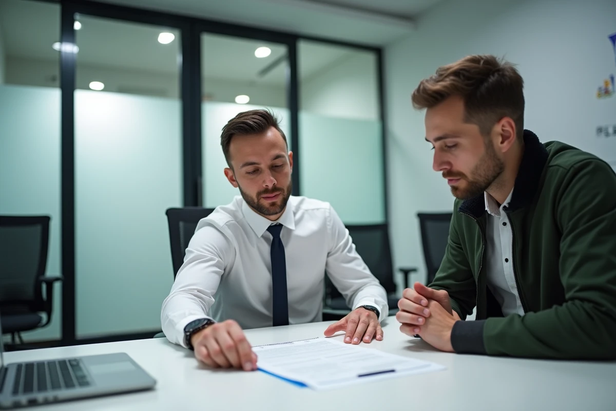 Conseiller bancaire expliquant les termes d'un cautionnement illimité à un client dans une agence moderne