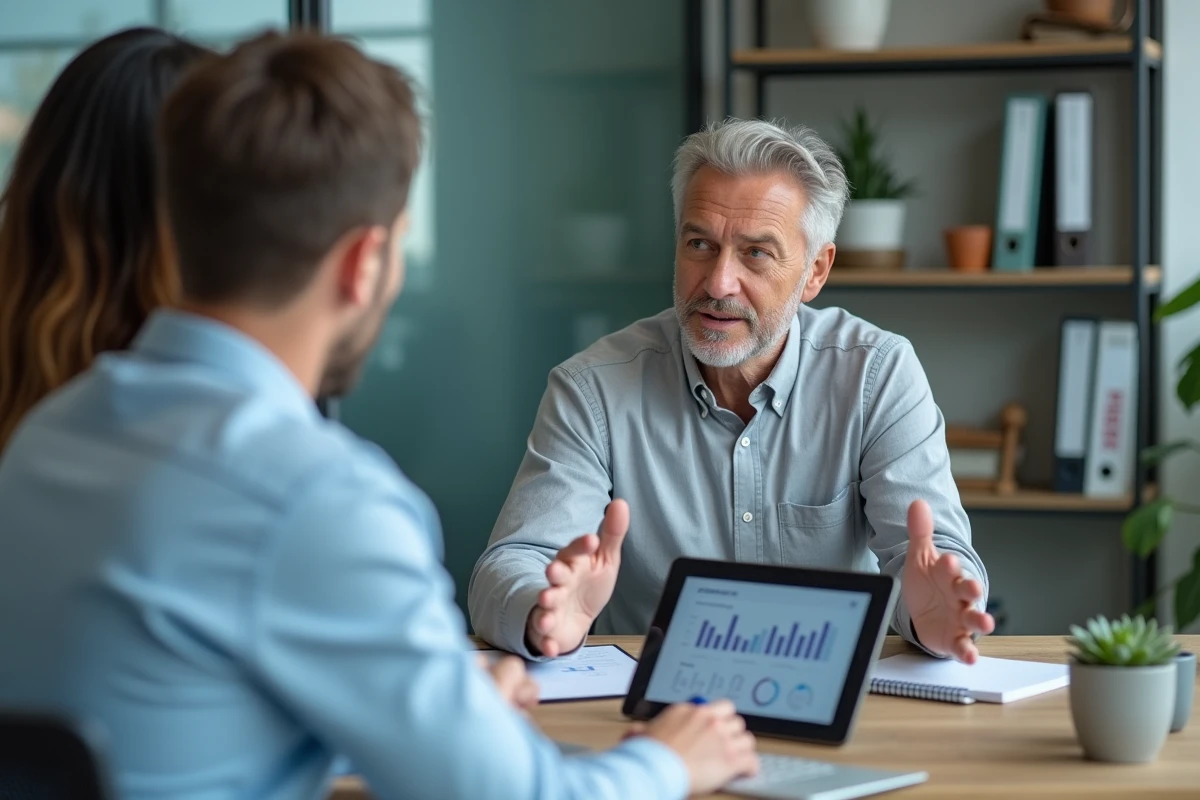 Conseiller expliquant des options d'adaptation administratives à un couple lors d'un rendez-vous professionnel