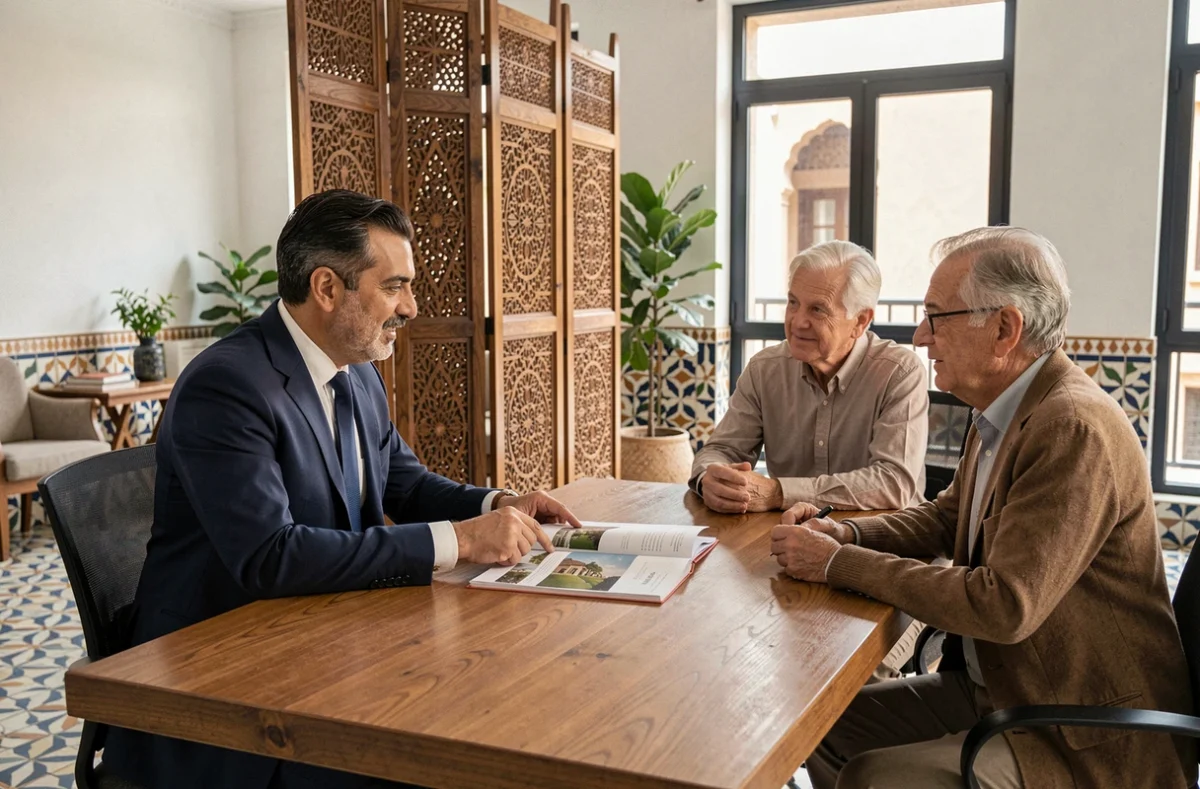 Conseiller immobilier marocain présentant un bien à un couple de retraités dans une agence à Marrakech