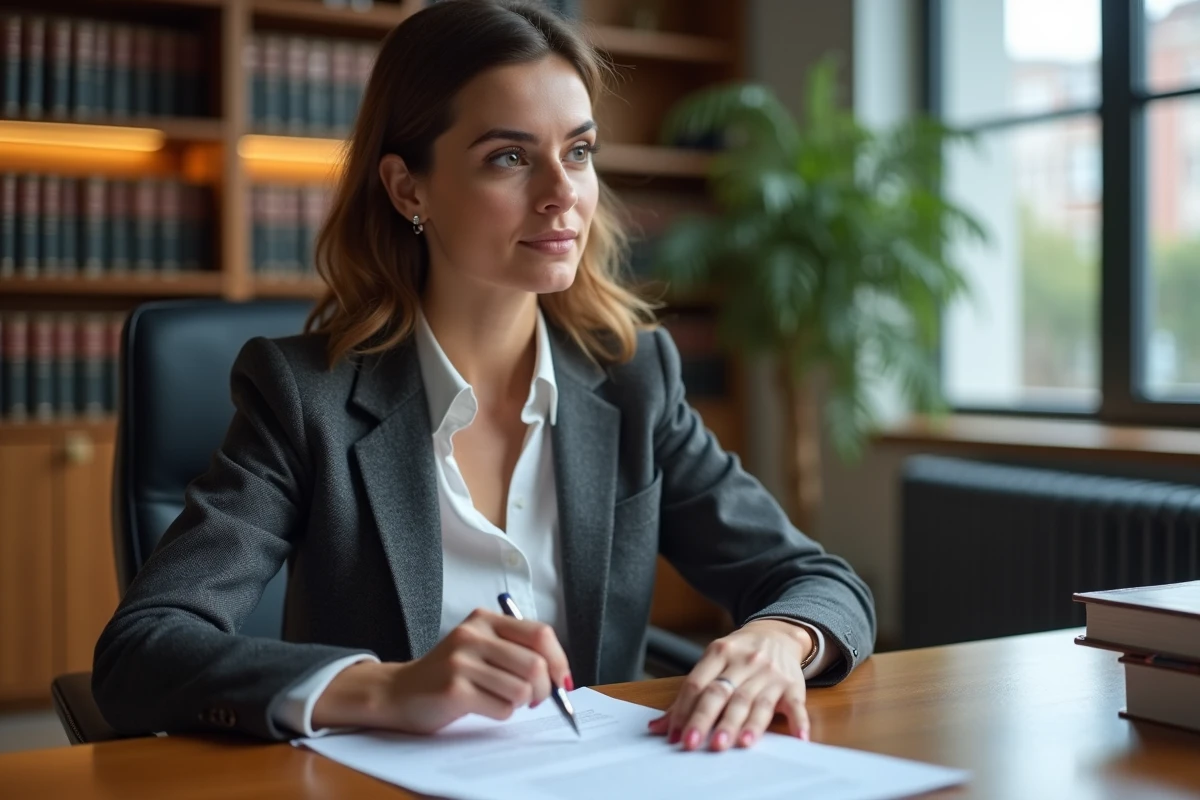 Conseillère juridique expliquant les clauses d'un contrat d'assurance construction décennale dans un bureau