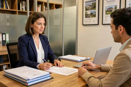 Conseillère Orpi Invest Immo présentant un contrat de gestion locative à des propriétaires dans une agence immobilière moderne
