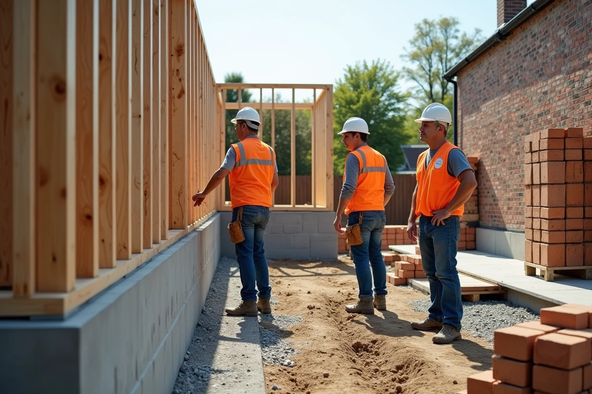 Équipe de construction travaillant sur le gros œuvre d'une extension de maison individuelle