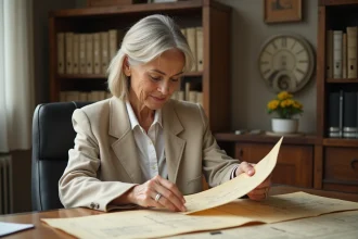 Femme consultant un ancien permis de construire sur un bureau couvert de plans architecturaux