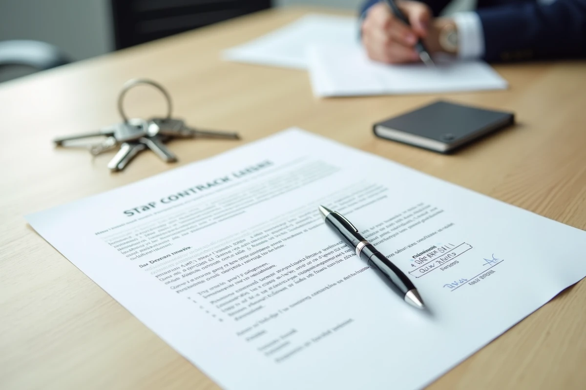 Contrat de bail de location avec clés d'appartement et stylo sur une table en bois