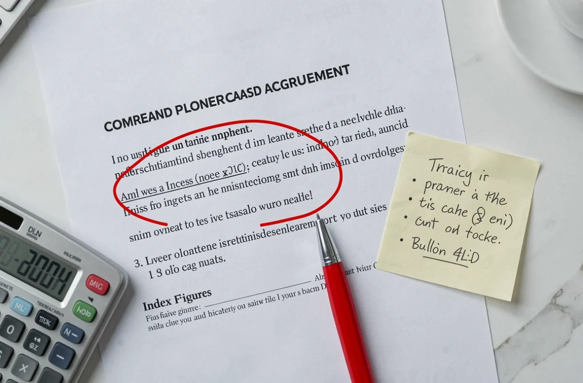 Gros plan sur un contrat de bail commercial annoté avec calcul de l'indice ILAT et notes manuscrites de contestation