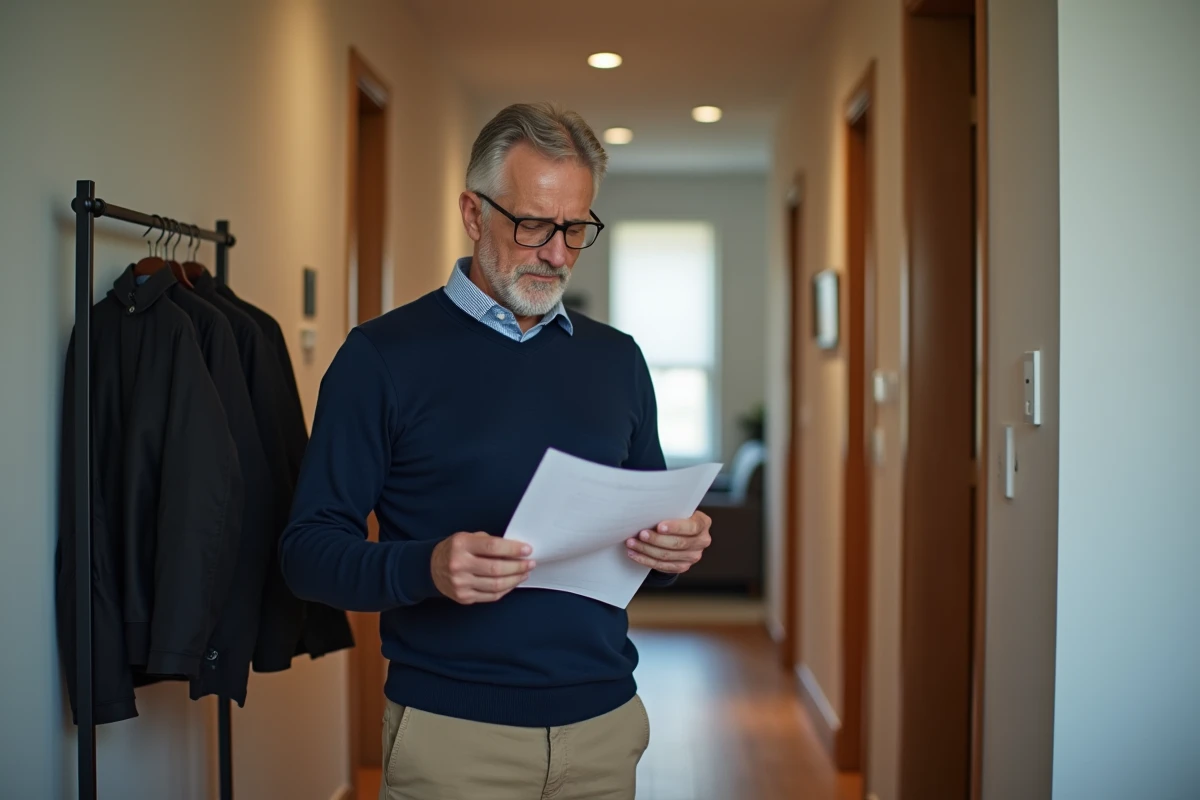 Homme lisant attentivement un contrat de bail dans le couloir de son appartement