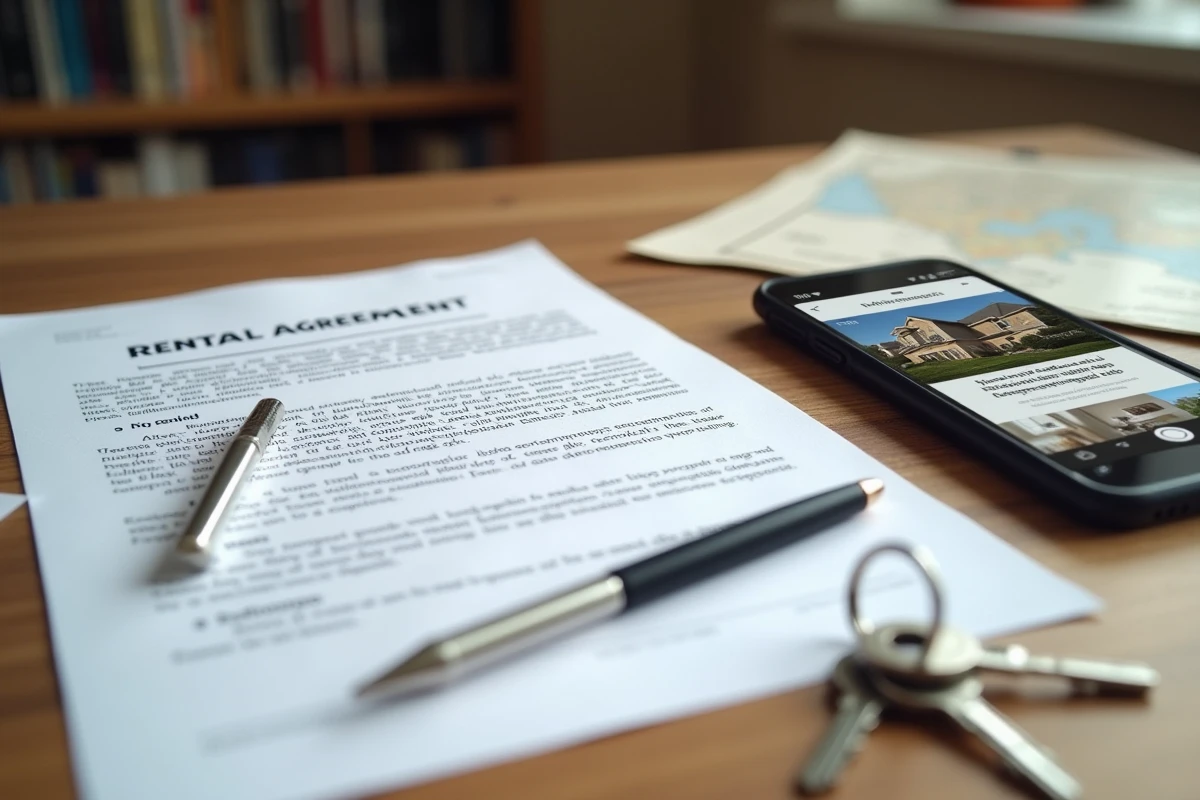Contrat de location entre particuliers, clés et smartphone affichant une annonce immobilière, alternative aux plateformes comme Airbnb
