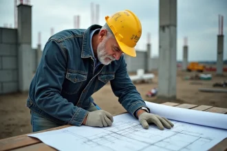 Contremaître examinant des plans architecturaux sur un chantier de construction en début de chantier