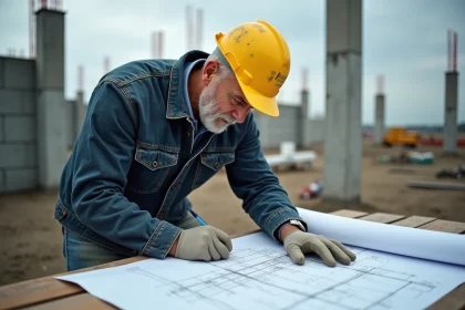 Contremaître examinant des plans architecturaux sur un chantier de construction en début de chantier