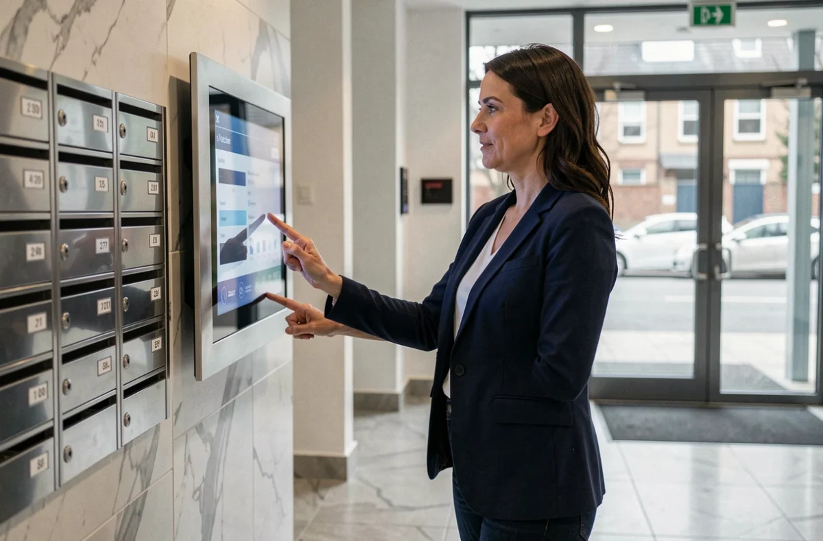 Copropriétaire consultant un tableau de bord numérique de gestion des charges dans le hall d'un immeuble résidentiel