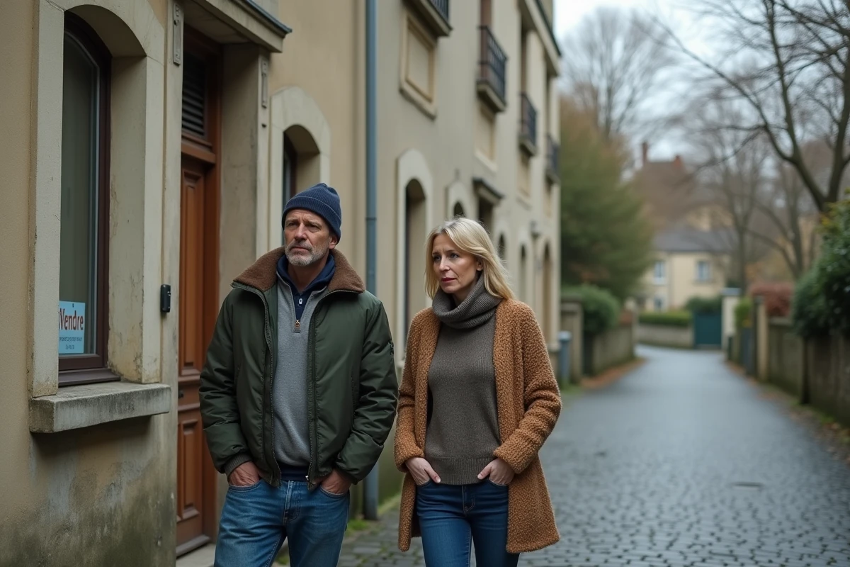 Couple hésitant devant un bien immobilier à vendre dans un quartier résidentiel en crise