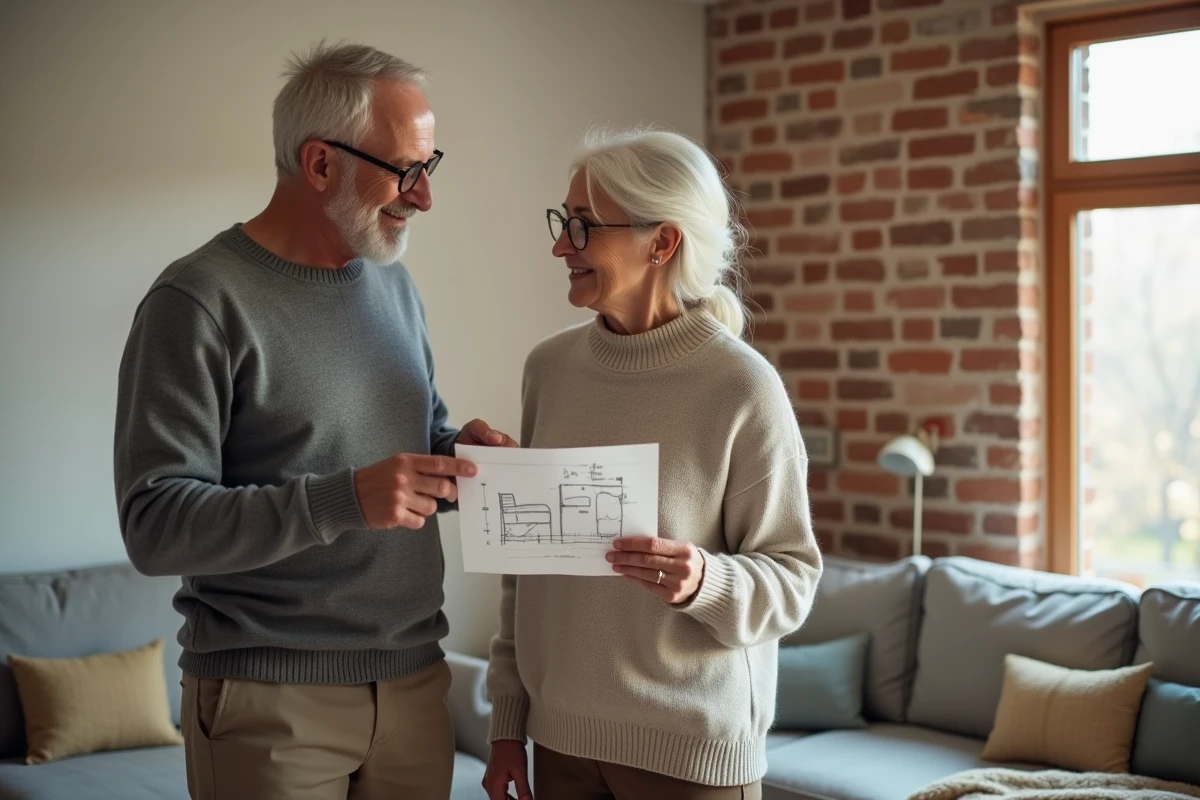 Couple discutant de l'aménagement de leur nouvel appartement plus petit après un déménagement