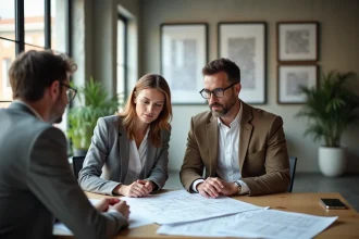 Couple consultant un conseiller immobilier dans une agence moderne pour préparer leur projet immobilier en 2026