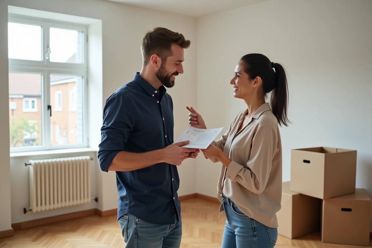 Couple examinant un devis d'assurance habitation dans leur nouvelle maison lors d'un déménagement