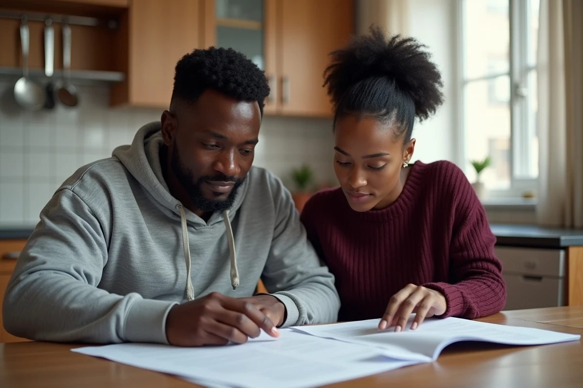 Couple étudiant des documents de renouvellement de carte de résident dans un appartement en France