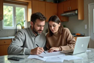 Couple examinant des documents d'hypothèque sur leur maison à la table de cuisine
