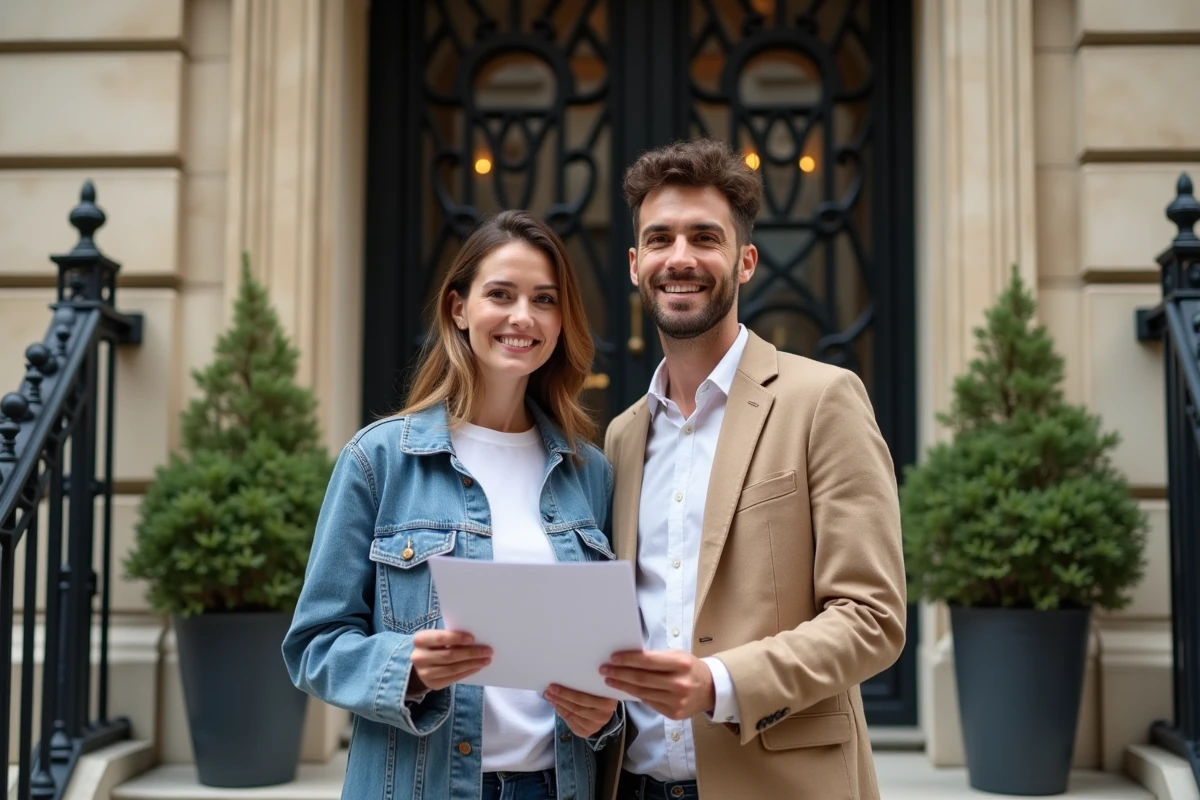Couple tenant leur dossier de location devant un immeuble parisien pour remettre leur lettre de motivation
