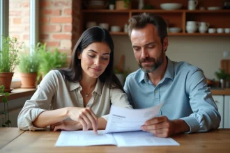 Couple en train d'étudier des documents de prêt immobilier à une table de cuisine moderne