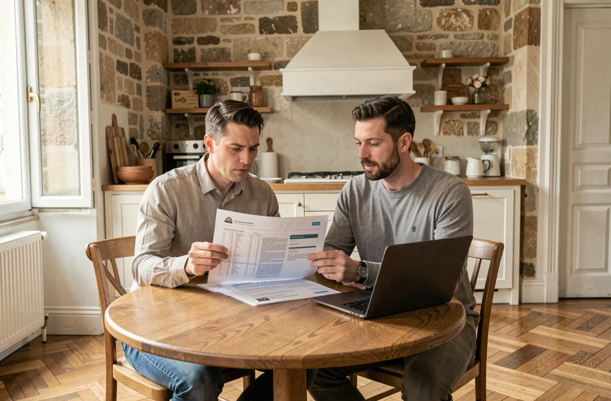 Couple étudiant le marché locatif lyonnais avec un rapport de prix de loyers dans un appartement rénové