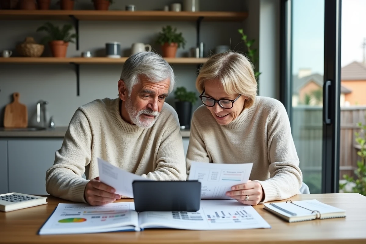 Couple de quinquagénaires étudiant la rentabilité d'un investissement immobilier locatif avec brochures et calculateur de rendement à la maison