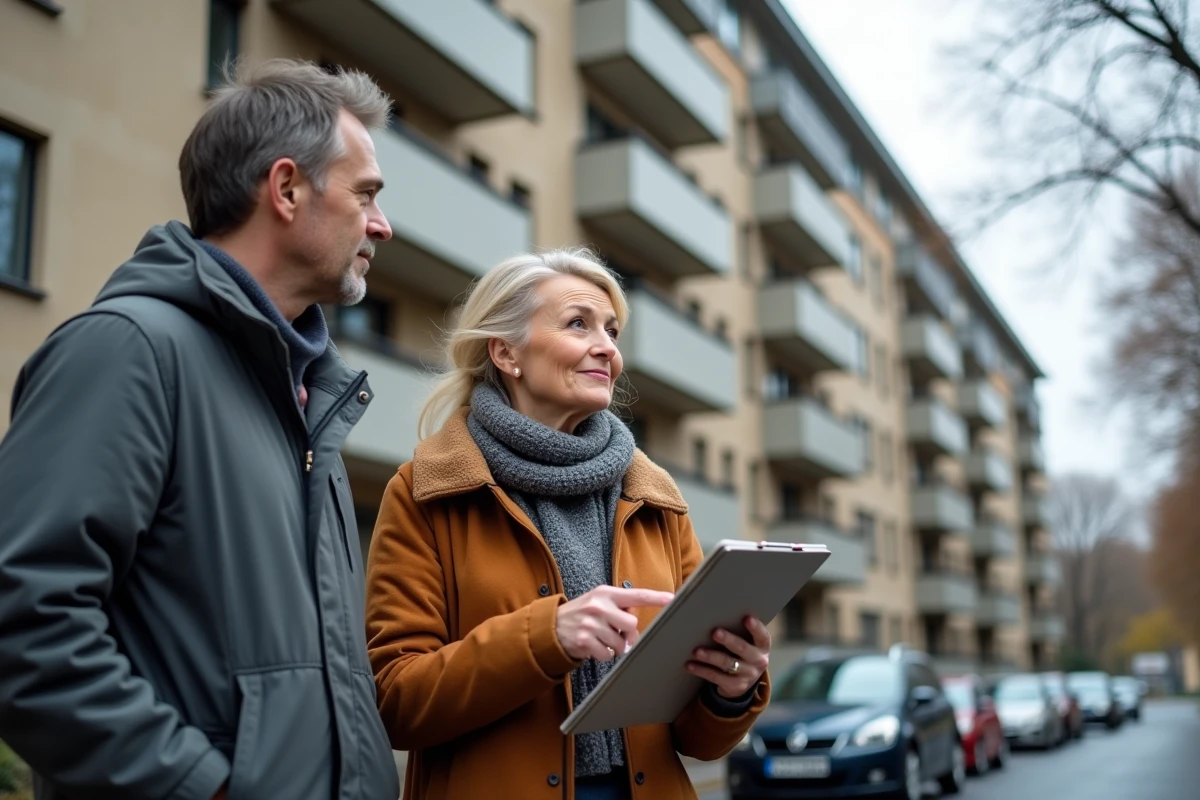 Couple évaluant un immeuble résidentiel urbain en comparant des estimations immobilières sur le terrain