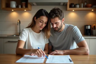 Couple en train d'examiner des documents de prêt immobilier à une table de cuisine moderne