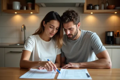 Couple en train d'examiner des documents de prêt immobilier à une table de cuisine moderne