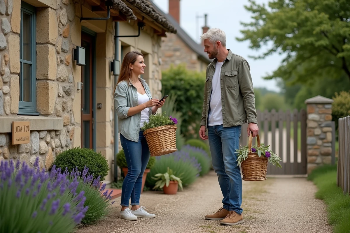 Couple de propriétaires devant leur cottage en location saisonnière avec un panier de bienvenue pour les vacanciers