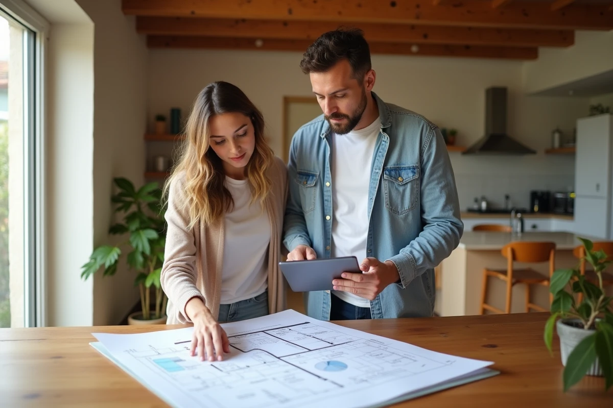Couple planifiant l'installation de panneaux solaires dans leur maison de 100m², consultation d'un guide de dimensionnement