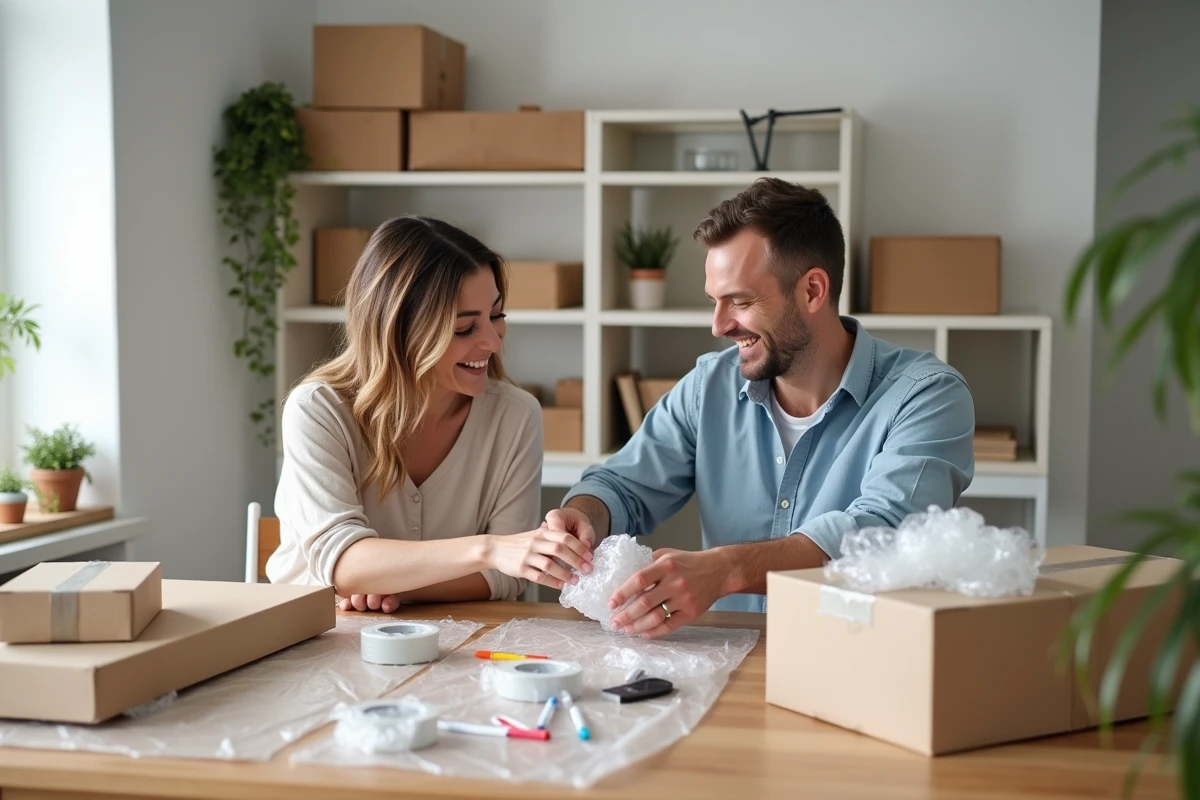 Couple préparant ensemble les cartons de déménagement en emballant des objets fragiles
