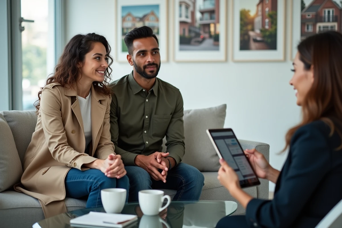 Un couple écoute une agente immobilière présenter des offres sur une tablette lors d'un rendez-vous