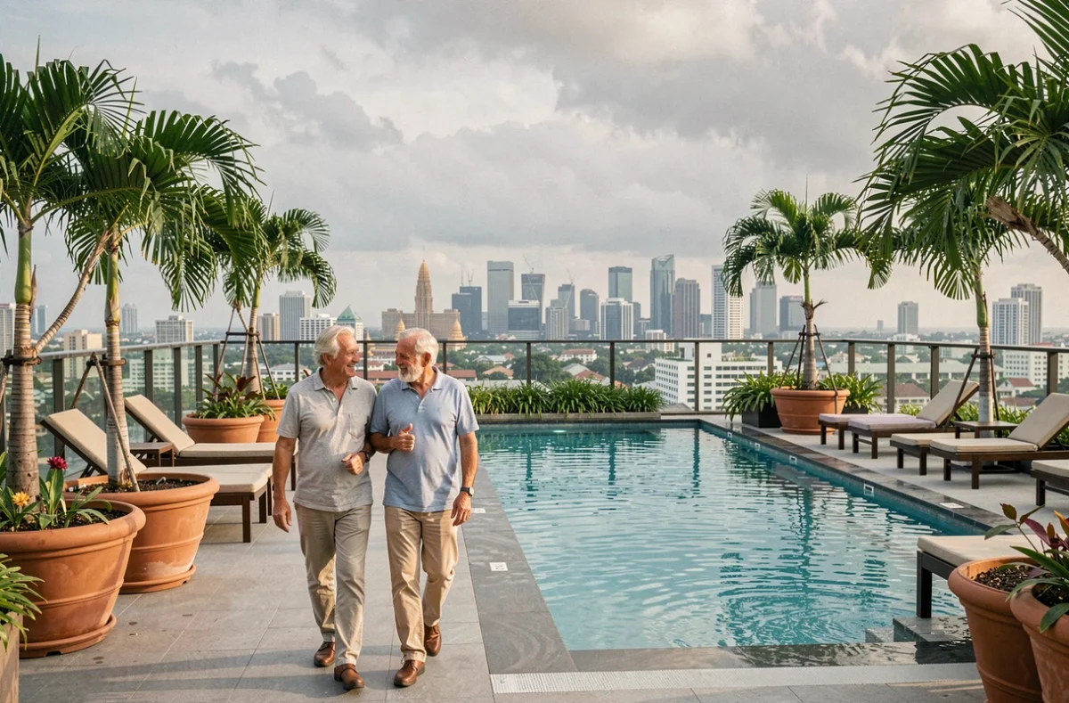 Couple de retraités européens explorant les équipements du toit-terrasse d'une résidence condo à Bangkok