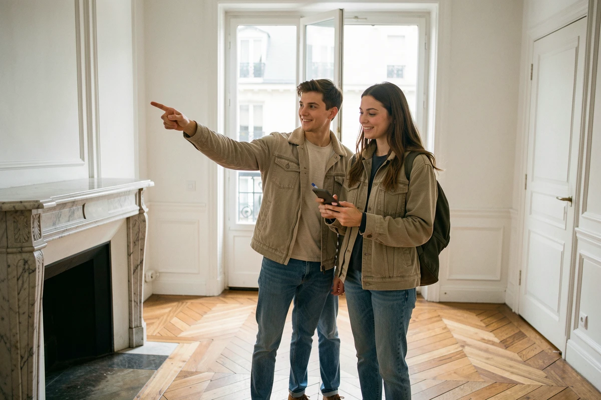 Couple visitant un appartement à louer à Paris lors d'une visite immobilière trouvée via LOC'annonces