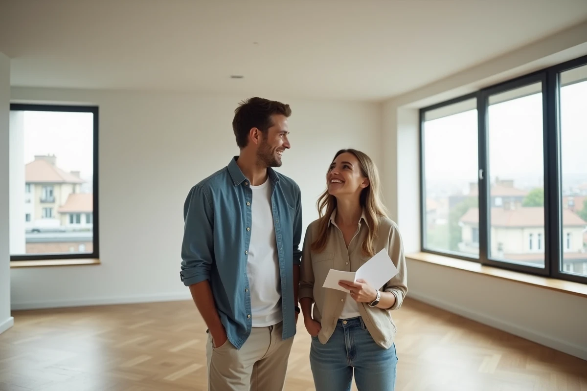 Jeune couple visitant un appartement vide lors d'une visite immobilière avec brochure en main