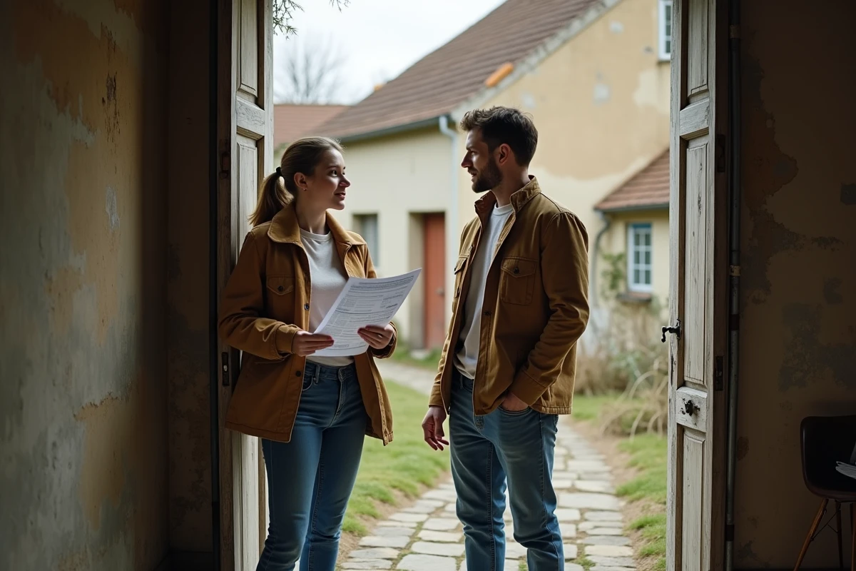 Jeune couple visitant une maison abandonnée à reprendre dans un village rural, tenant une fiche de bien immobilier