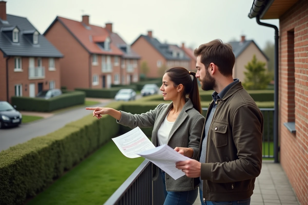 Couple visitant une maison à louer avec jardin dans un quartier résidentiel calme du département du Nord 59