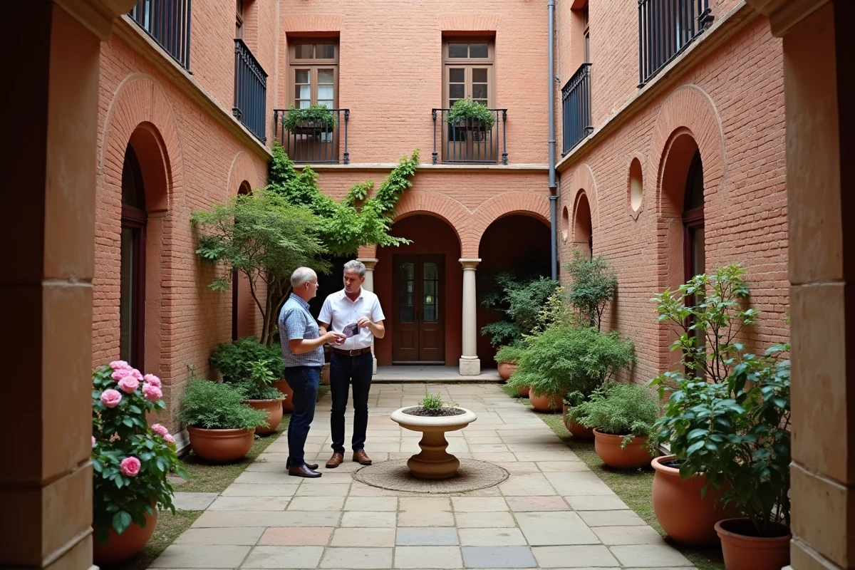 Cour intérieure d'un immeuble rénové en brique rose dans le quartier des Carmes à Toulouse
