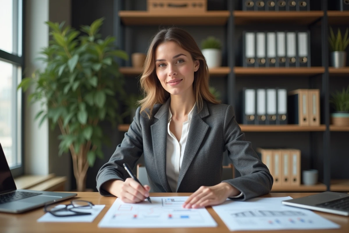 Courtière en assurance examinant des contrats d'assurance chantier dans un bureau moderne, symbolisant la souscription d'une assurance dommages-ouvrage