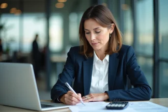 Femme professionnelle consultant des documents financiers pour le déblocage de fonds dans un bureau moderne