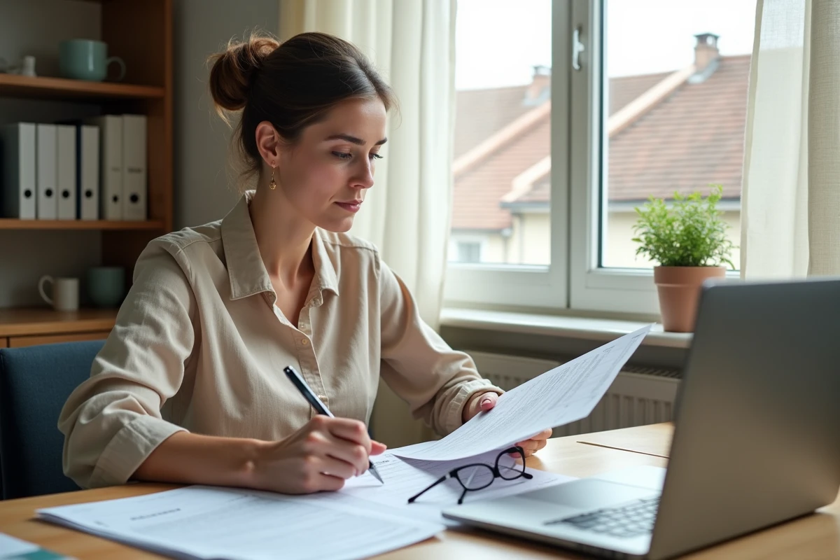 Femme consultant des documents fiscaux pour déduire les frais de nettoyage de toiture de ses impôts depuis un bureau à domicile