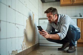 Homme photographiant des dégâts des eaux sur un mur de cuisine pour déclarer un sinistre à son assurance