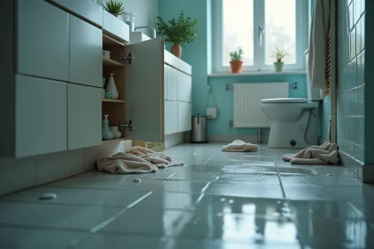 Dégât des eaux dans une salle de bain suite à une fuite de canalisation sous un lavabo