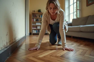 Femme inspectant des dégâts des eaux sur un parquet gondolé dans un appartement