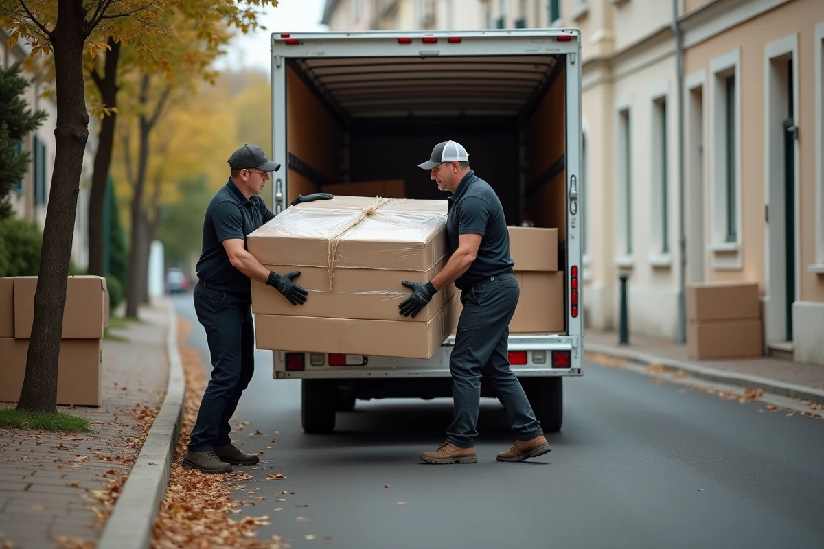 Déménageurs professionnels chargeant des meubles dans un camion de déménagement dans une rue résidentielle française