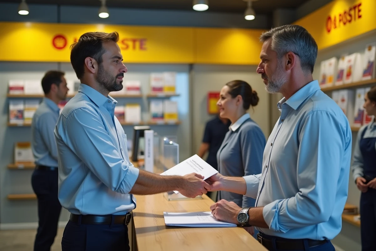 Homme déposant des documents de changement d'adresse dans un bureau de poste français