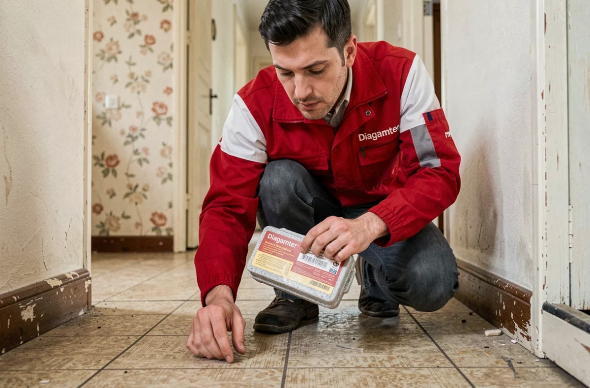 Technicien Diagamter Isère prélevant un échantillon de revêtement dans un logement ancien pour diagnostic amiante